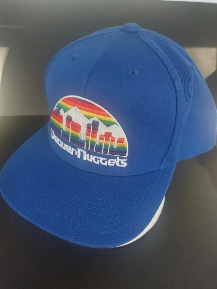Denver NuggetsMitchell & Ness NBA Fitted Hat 7 3/4 Blue With Rainbow Logo Cap - Image 2 of 4