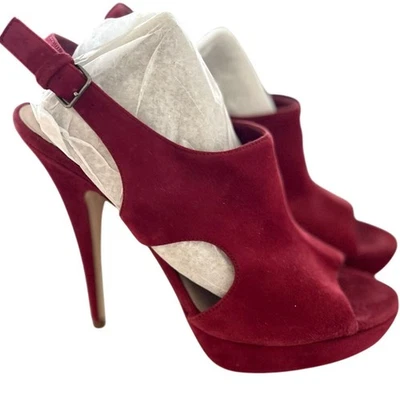 Miu Miu Red Burgundy Suede Platform Peep Toe Heeled Sandal - Image 1 of 4