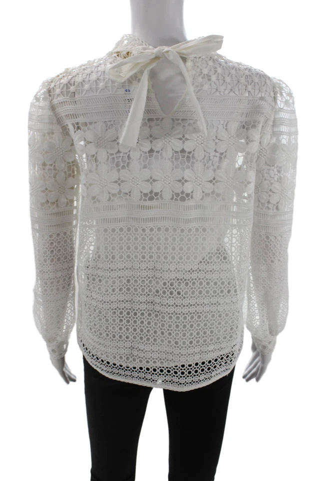 Maje Women White Floral Geometric Bohemian High Neck Long Sleeve Blouse Size 3 - Image 3 of 4