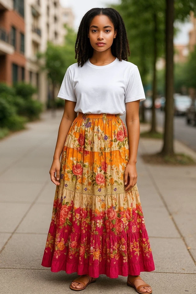 Dressbarn макси юбка размер M ярусный длинный оранжевый мульти цветочный богемное - Изображение 2 из 4