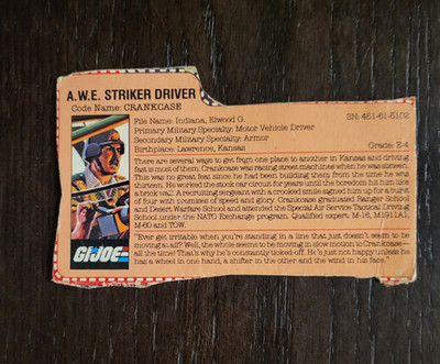 Crank Case 1987 V1 Driver G.I. JOE COBRA File Card Vintage Original #2