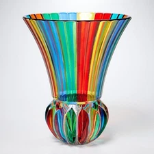 Dazzling Rainbow Due Zeta Venezia Flared Art Glass Vase 10.25"h 8.5"dia Large