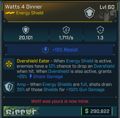 Borderlands 4   Legendary Shield   Watts 4 Dinner   Amp 150   Lvl 60   PS PC XB