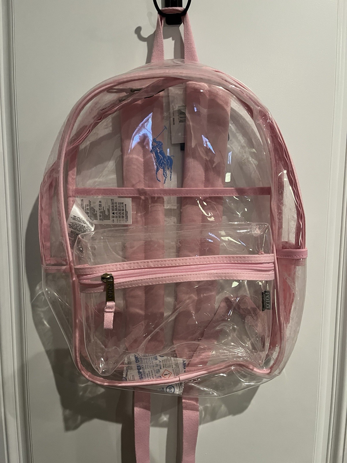 Zaino Polo Ralph Lauren Big Pony trasparente e rosa carmelo borsa libro impermeabile