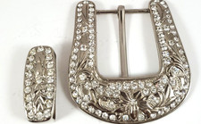 Western Cowgirl Silver Tone Floral  Rhinestone Belt Buckle With Loop Keeper
