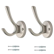 2-PCS Brushed Nickel Arc-Lift Double Hook Modern Wall-Mounted for Coats Towels