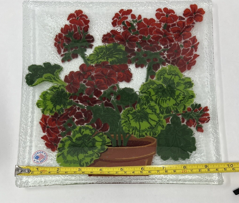 【Peggy Karr】USA  作家  ガラスプレート  大作  サインあり Peggy Karr Square Plate Fused Art Glass “Geranium” Design