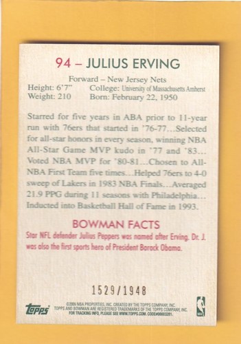 2009-10 Bowman 48 Blue #94 Julius Erving New York Nets NM-MT 1529/1948 - Picture 2 of 2