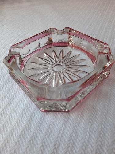 Vtg Heavy Square Clear/Pink Cut Crystal Glass Ashtray Ruby Flashed Tiffin kings - Picture 2 of 10