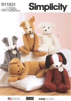 Simplicity R11931 Poseable 24'' Plush Puppies in 5 Styles UNCUT Pattern S9807