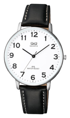 Q&Q $115 MENS CLASSIC SILVER TONE,WHITE DIAL BLACK LEATHER STRAP WATCH WATER RES