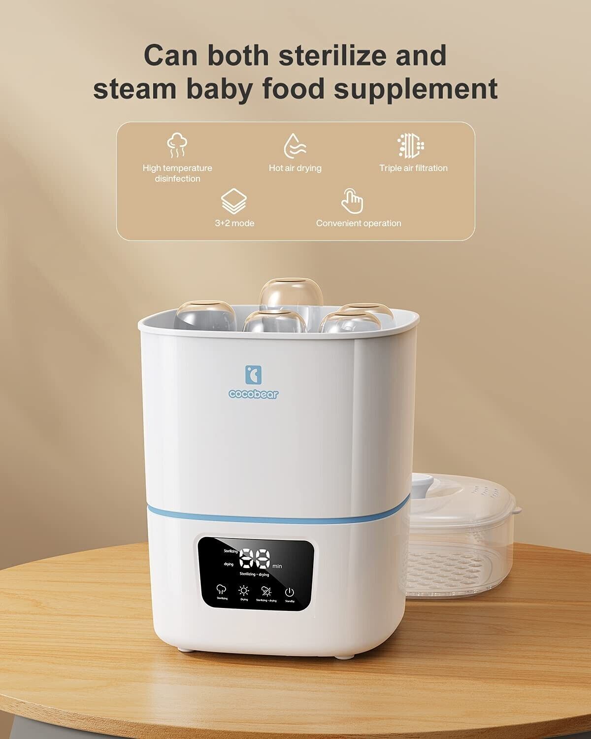 COCOBear Baby Bottle Electric Steam Sterilizer and Dryer, Set for up to 9 Bottle