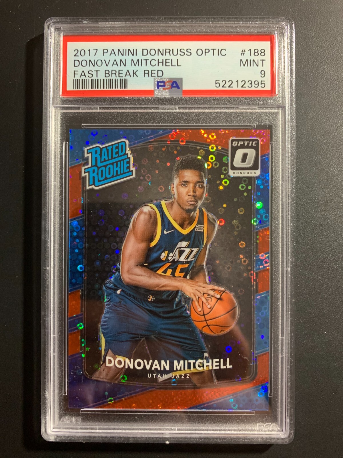 DONOVAN MITCHELL 2017 DONRUSS OPTIC FAST BREAK RED PRIZM RC #44/85 PSA 9 MINT