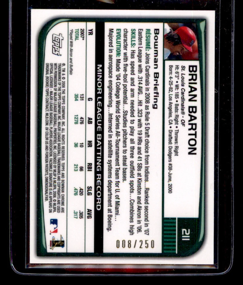 2008 Bowman Chrome X-Fractors #211 Brian Barton /250 - Image 2 of 2