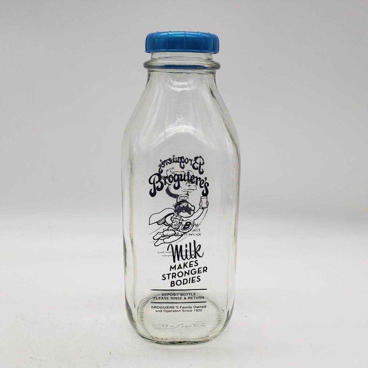 Glass BROGUIERE'S Milk Bottle w/ Blue Cap 