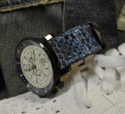 UHRENARMBAND 22 20 18 MM BLAU JEANS ECHT PYTHON HANDMADE MA STRAP + SCHLIESSE