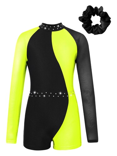 Girls Dance Set Shiny Dancewear Contrast Color Outfits Rhinestones Bodysuit - Picture 11 of 54