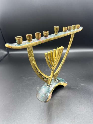 UNIQUE VINTAGE MID CENTRY MODERN MCM SOLID BRASS / BRONZE ENAMEL MENORAH ISRAEL! - Picture 8 of 16