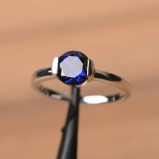 Blue Sapphire Solitaire Ring 925 Sterling Silver Round Gemstone Lab Created Ring