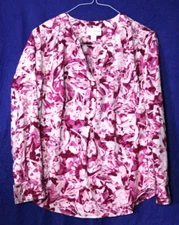 PURE ENERGY TUNIC BLOUSE ladies size 1X dark pink white print silky long sleeve