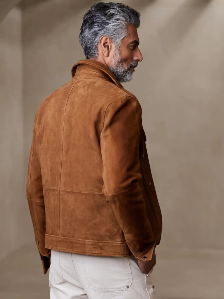 Men's Genuine Suede Leather Shirt Jacket Tan Pockets Classic Coat