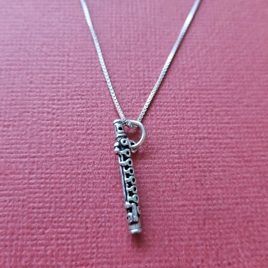 Sterling Silver Flute Necklace Solid 925 Charm Pendant and Chain