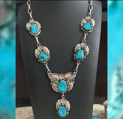 Vintage Native Lariat Archie Martinez Turquoise 108 G Sterling Silver Necklace 