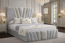 V Victor Gold Strip Lined Panel Luxury BED FRAME MATTRESS + GAS LIFT STORAGE 