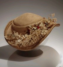 Vintage 1940s CR Original Richmond VA Straw Hat Linen Velvet Floral Trim