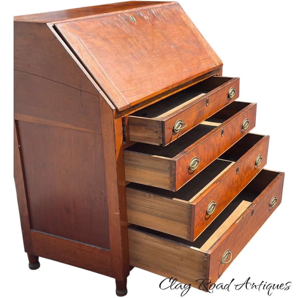 古董花纹樱桃斜盖书桌 1810 年老虎枫美国乡村实心 — 第 4/4 张图片