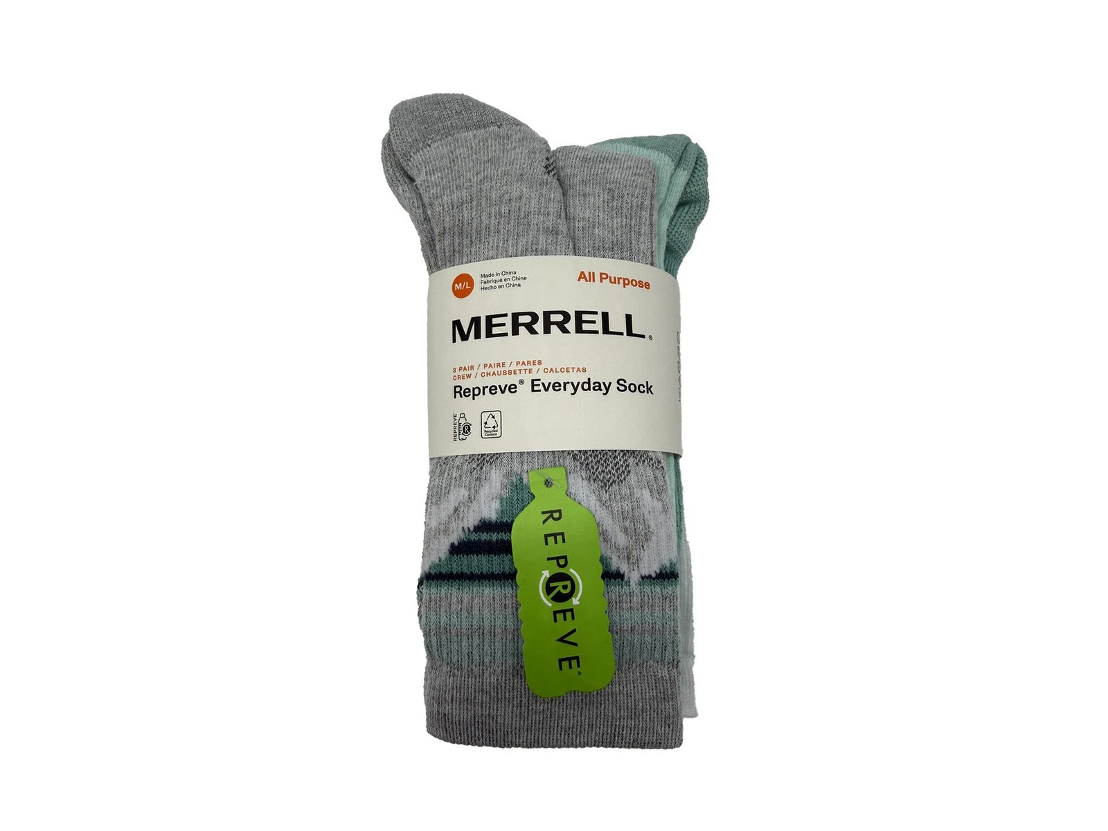 Merrell Recycled Everyday Crew Socks 3 Pairs Grey Assort Men's 9-12 / Women's