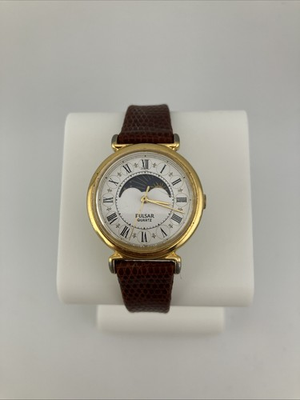 #ad #ad Vtg Pulsar Ladies 26mm Watch Gold Tone Moon Phase V829 0010 Leather RUNS $34.99