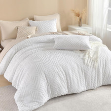 King Size Comforter Set, 3 Pieces White Tufted Boho Bedding Set