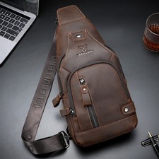 Mens Sling Backpack Chest bag Crossbody Bag Shoulder Bag 100 Genuine Leather UU
