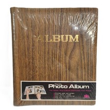 NOS Vintage Magnetic Photo Album Woodgrain Cover Gold Lettering New Sealed