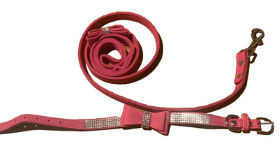 Bling Suede Leather Dog Cat Collar and Leash  with Rhinestone Bow Tie hot pink