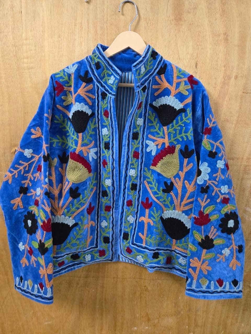 Indian Grey Suzani Embroidered Velvet Jacket Ethnic Chic Outerwear Gift for Her