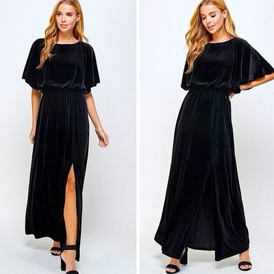 See And Be Seen Black Velvet Flutter Sleeve Maxi Dress Size L Prom Witchy Goth