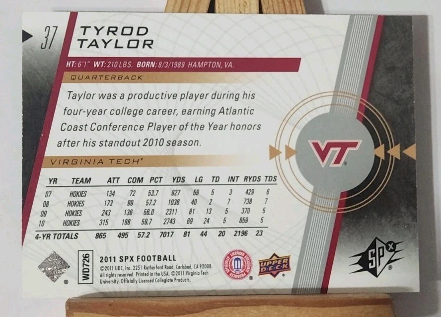 Tyrod Taylor RC Rookie SP /350 2011 Authentic SPx  #37 - Image 2 of 2