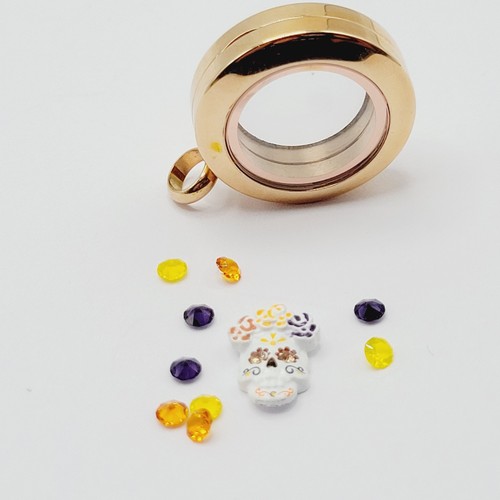 Origami Owl Mini Rose Gold Tone Hinged Locket w Day of Dead Skull Charms Pendant - Picture 20 of 24