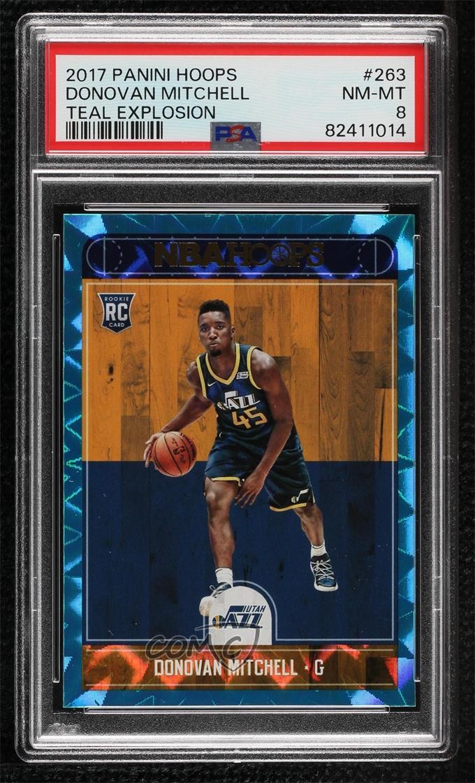 2017-18 Panini NBA Hoops Teal Explosion Donovan Mitchell #263 PSA 8 rv1