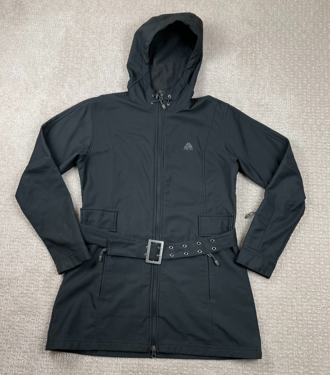 Vintage Nike ACG Jacket Womens M Gray Softshell Hooded Trench Coat Belted Gorp
