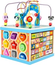 Qilay Wooden Activity Cube for Toddlers, 5 in 1 Multipurpose ABC-123 Abacus Earl