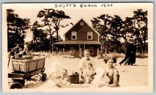 Vtg B&W Snapshot Family Summer Vacation Swifts Beach House Large Cart 1925