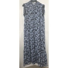 LOFT Dark Cottage Chiffon Ditsy Floral Tiered Ruffle Neck Midi Dress M Blue READ