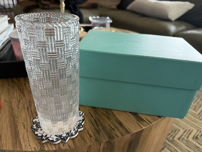 Tiffany & Co Woven Cylinder Basketweave Crystal Vase 8” Made In