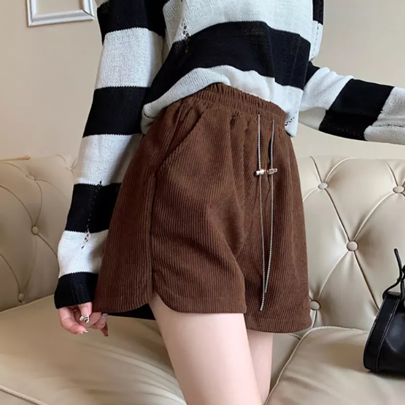 Women Corduroy Shorts Short Pants High Waist Straight Leg Pull on Pockets  Casual