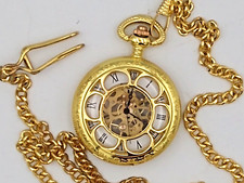 manual wind Half Hunter gold tone Skeleton Pocket Watch w/Chain