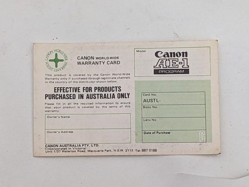 Canon AE-1 Program Warranty Card - Australia - unused