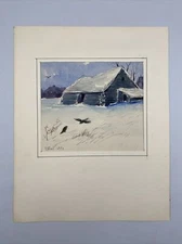 1970 ' Winter Cottage' Paper Matted Original Watercolor Painting C. Stuart